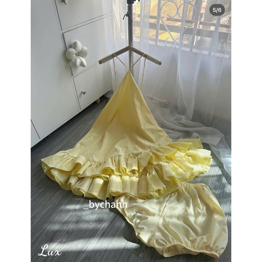 Đầm nữ 2 dây dáng yếm bèo tầng dáng xòe tiểu thư màu vàng bơ phong cách Hàn Quốc đi biển, du lịch, chụp ảnh | BigBuy360 - bigbuy360.vn