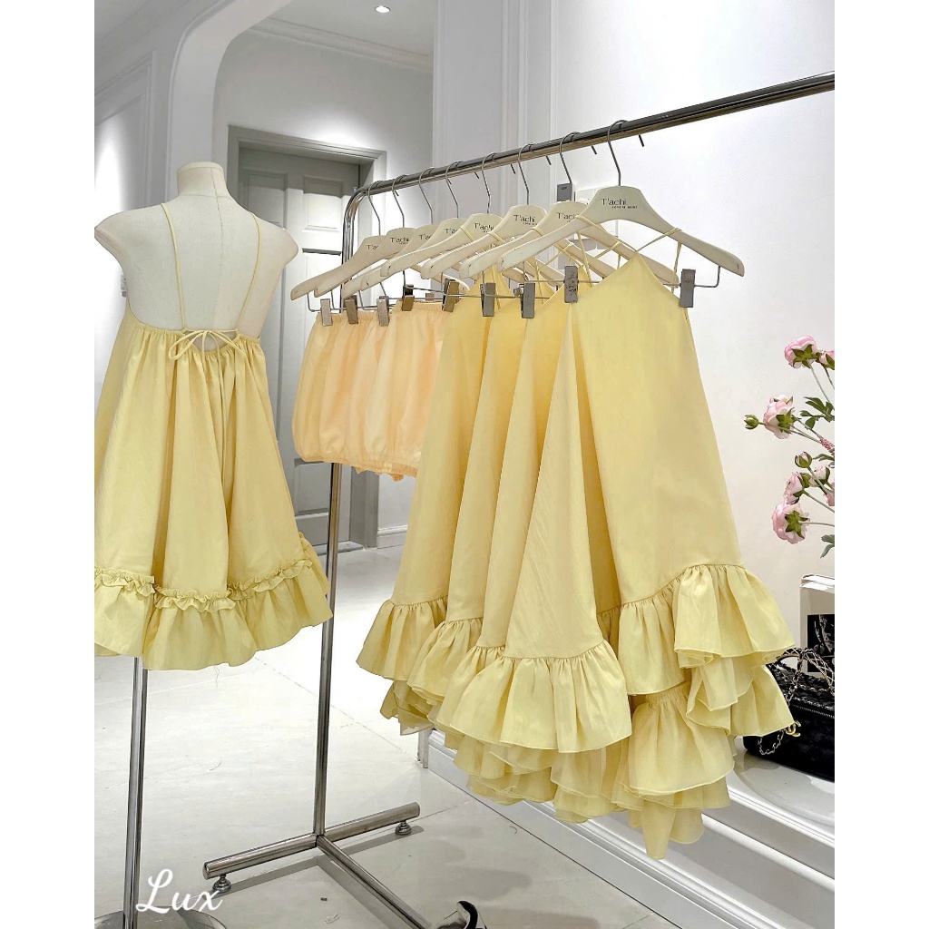 Đầm nữ 2 dây dáng yếm bèo tầng dáng xòe tiểu thư màu vàng bơ phong cách Hàn Quốc đi biển, du lịch, chụp ảnh | BigBuy360 - bigbuy360.vn