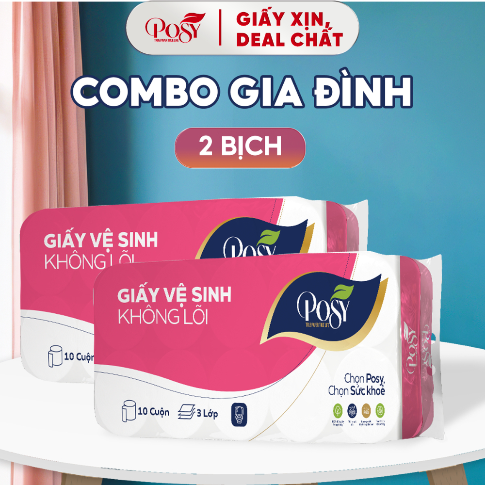 POSY - COMBO GIA ĐÌNH - SET 2 BỊCH GVS 10 cuộn 3 lớp Posy (1.6kg/bịch) mềm mịn, thoáng nhẹ, tiết kiệ