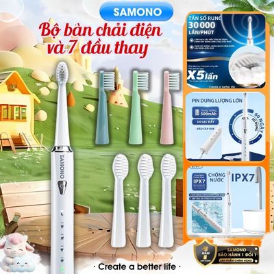 (BH 1 đổi 1) Combo Bàn chải điện Samono SW-ET01, 5 chế độ đánh răng cho người lớn và trẻ em, đầu bàn chải mềm mại