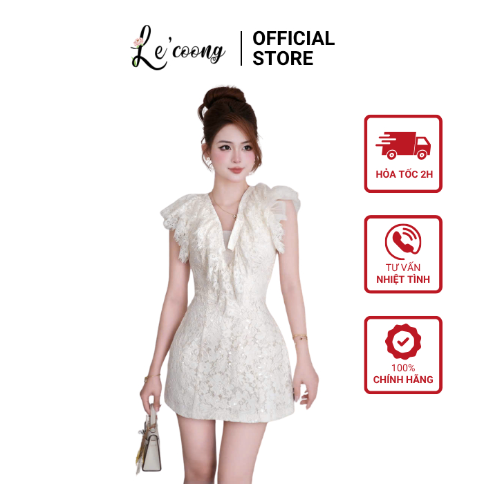 Váy Thiết Kế Cổ V Tay Cánh Tiên LECOONG V862 Váy Đẹp Phối Ren Lưới Đính Kim Sa Sang Chảnh