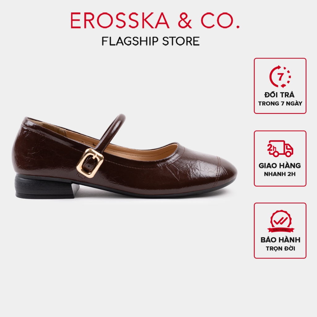 Erosska - Giày búp bê nữ ballet core mũi vuông, quai ngang phối khóa cao 2.5cm  - EL084