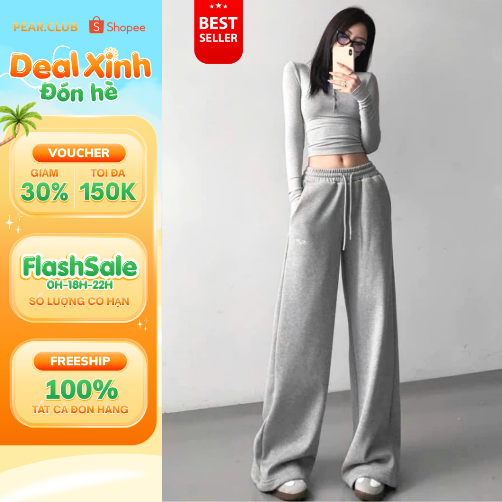 Quần Nỉ Ống Rộng Pear.club, Quần nữ dài dáng suông BIGSIZE form rộng dài thể thao cá tính nhảy dance mùa hè đi biển Q86