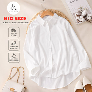 BIG SIZE, Áo Sơ Mi Trắng Nữ Bigsize 45-90kg, kate hàn mềm mịn mát không nhăn.