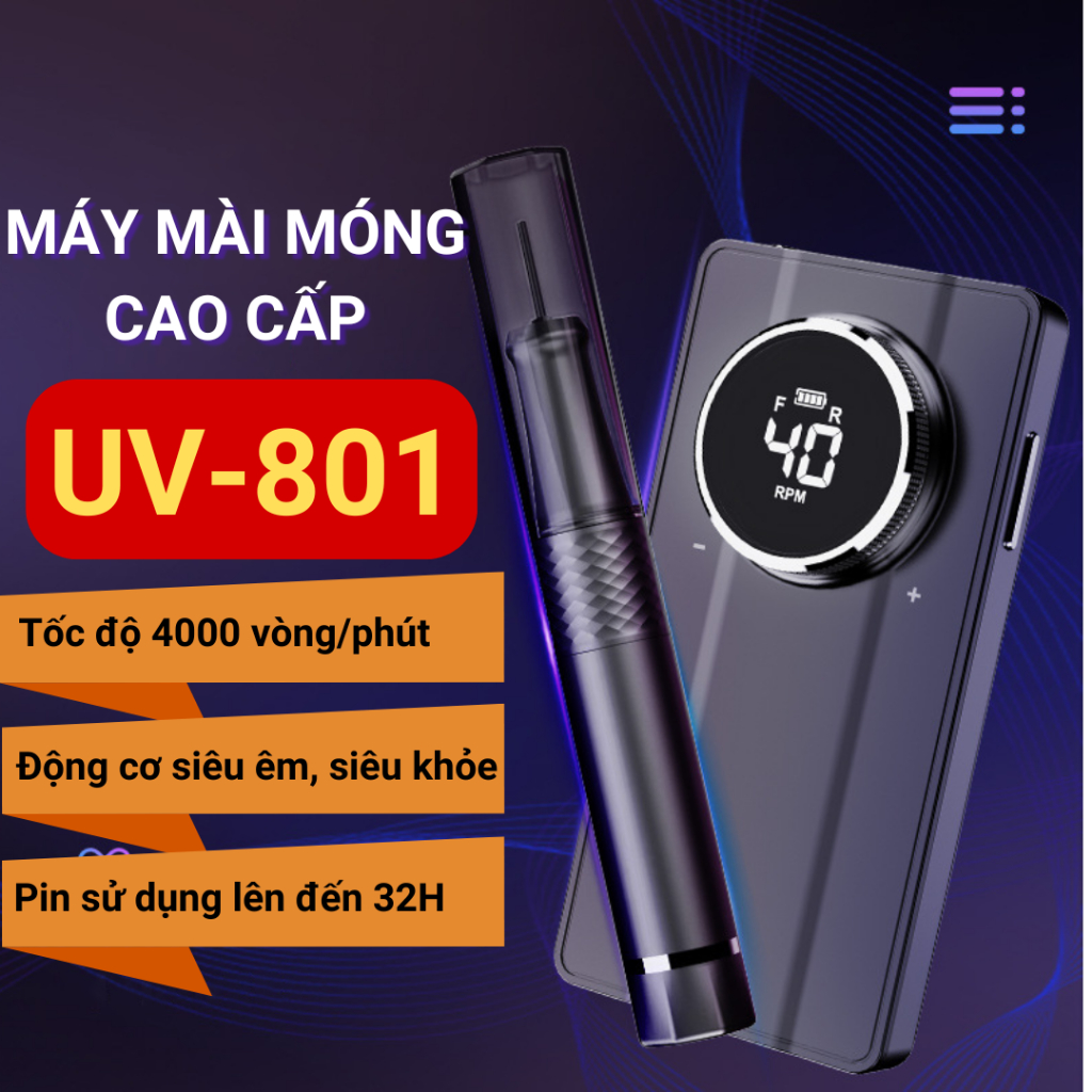 Máy Mài Móng Tích Điện UV-801 40000RPM, Máy Mài Nail Mini Cầm Tay, Mài Gel Chuyên Nghiệp Tặng Đầu Mà