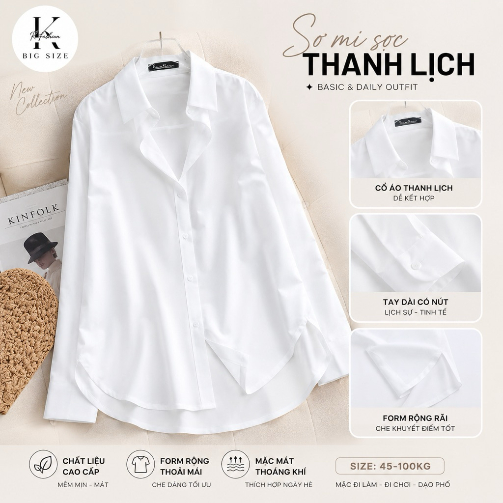 Áo Sơ Mi Trắng Nữ Đủ Size Big size 45kg - 90kg, vải mát, ít nhăn
