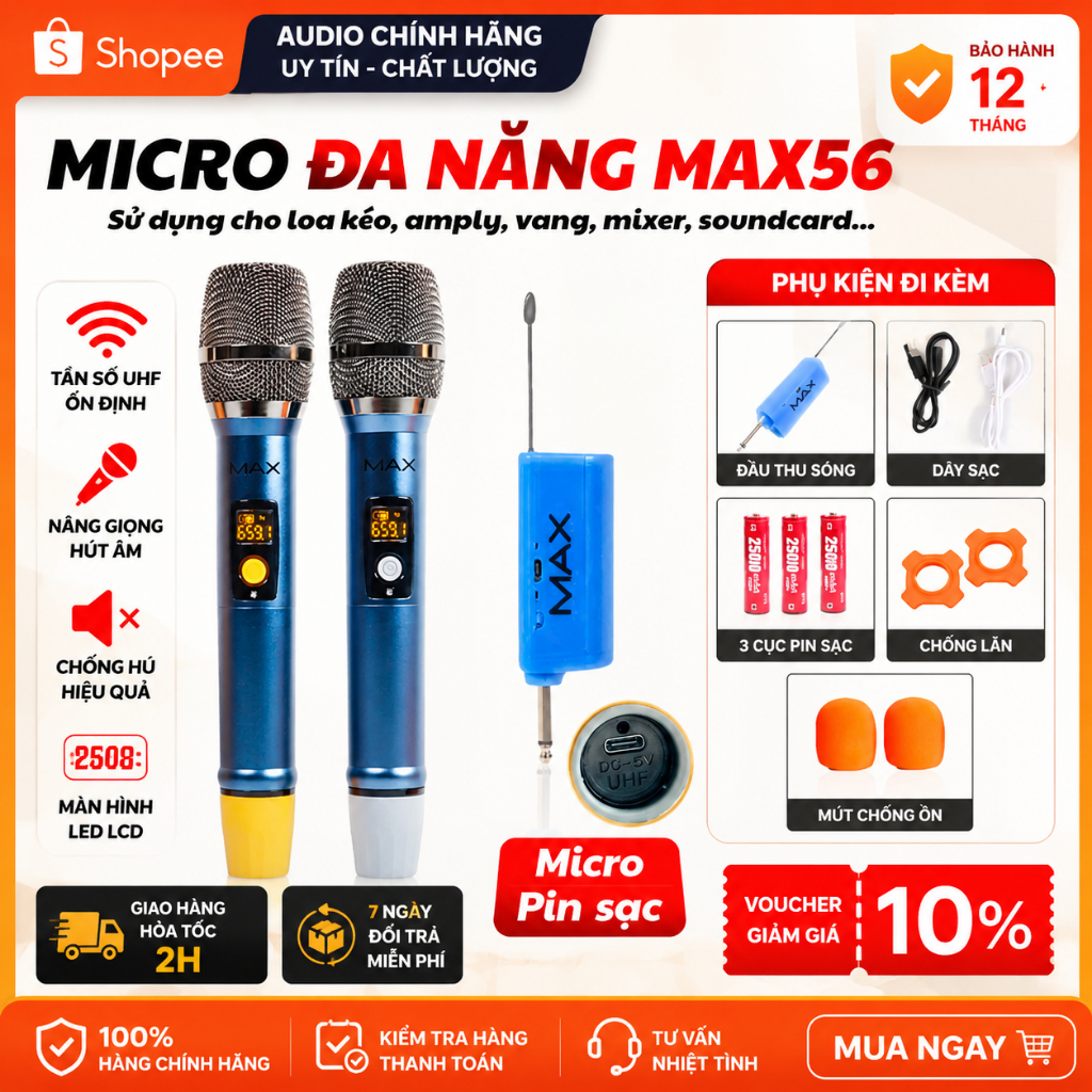 Bộ 2 Micro không dây đa năng Max 56 Lọc Âm Tốt, Chống Hú, Chống Ồn, Sử Dụng Trong Gia Đình-BH 12 Thá