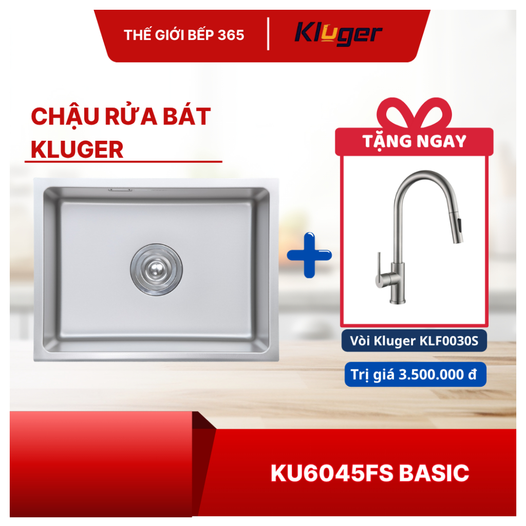 [TẶNG VÒI] Chậu rửa bát Kluger KU6045FS Basic - 1 Hố Bề Mặt LINEN, Chống Xước Chống Ồn