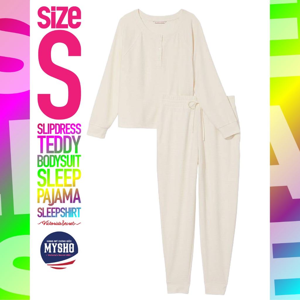 [Size S - 101] Bộ đồ ngủ Glow Waffle Henley Jogger Set, Coconut White