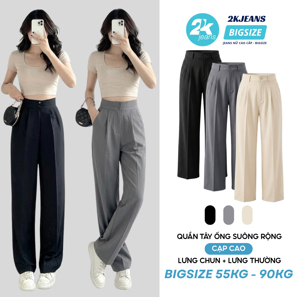 Quần Tây Nữ Ống Suông Cạp Cao Form Rộng Lưng Thun Co Giãn Mềm Mịn Thanh Lịch Bigsize 2Kjeans QT327