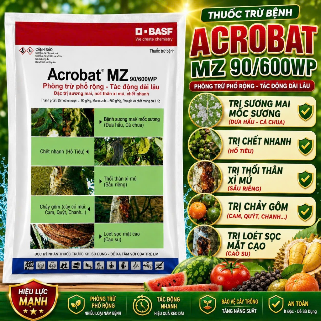 Phòng & Diệt Nấm Acrobat MZ 90/600WP Hỗ Trợ Phòng Nấm Cóc Thán Thư Rỉ Sắt Dưa Hấu Cà Chua Hồ Tiêu