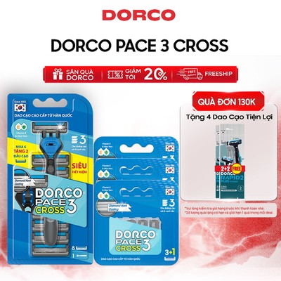 Combo Dao Cạo Râu Hàn Quốc 3 Lưỡi DORCO PACE 3 CROSS - TRC1008(6+2)-B & 3x(PRM)TRC1040(3+1)-B - Gồm 1 Cán và 20 Đầu Cạo