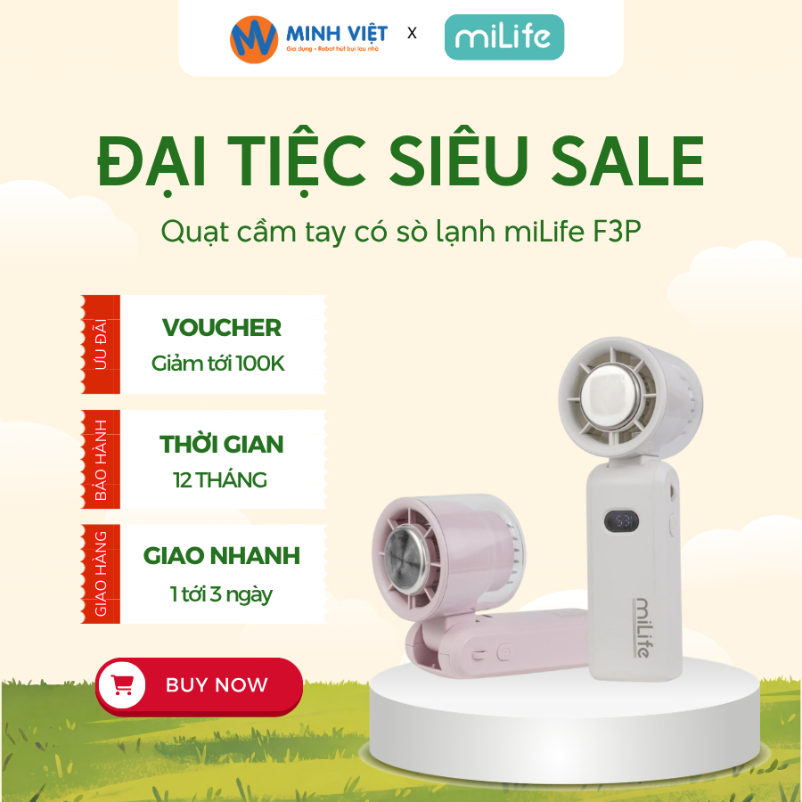 Quạt Cầm Tay miLife F3P Băng Lạnh- Pin 4000mAh, Gập Cổ, 100 cấp độ gió - BH 12 Tháng - Minh Việt