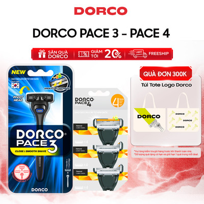 Combo 3 Hộp Đầu Cạo Râu 4 Lưỡi DORCO PACE 4 Tặng Dao Cạo Râu DORCO PACE 3 - 3xFRA1040-B & TRA4001-B - Gồm 1 Cán 13 Đầu