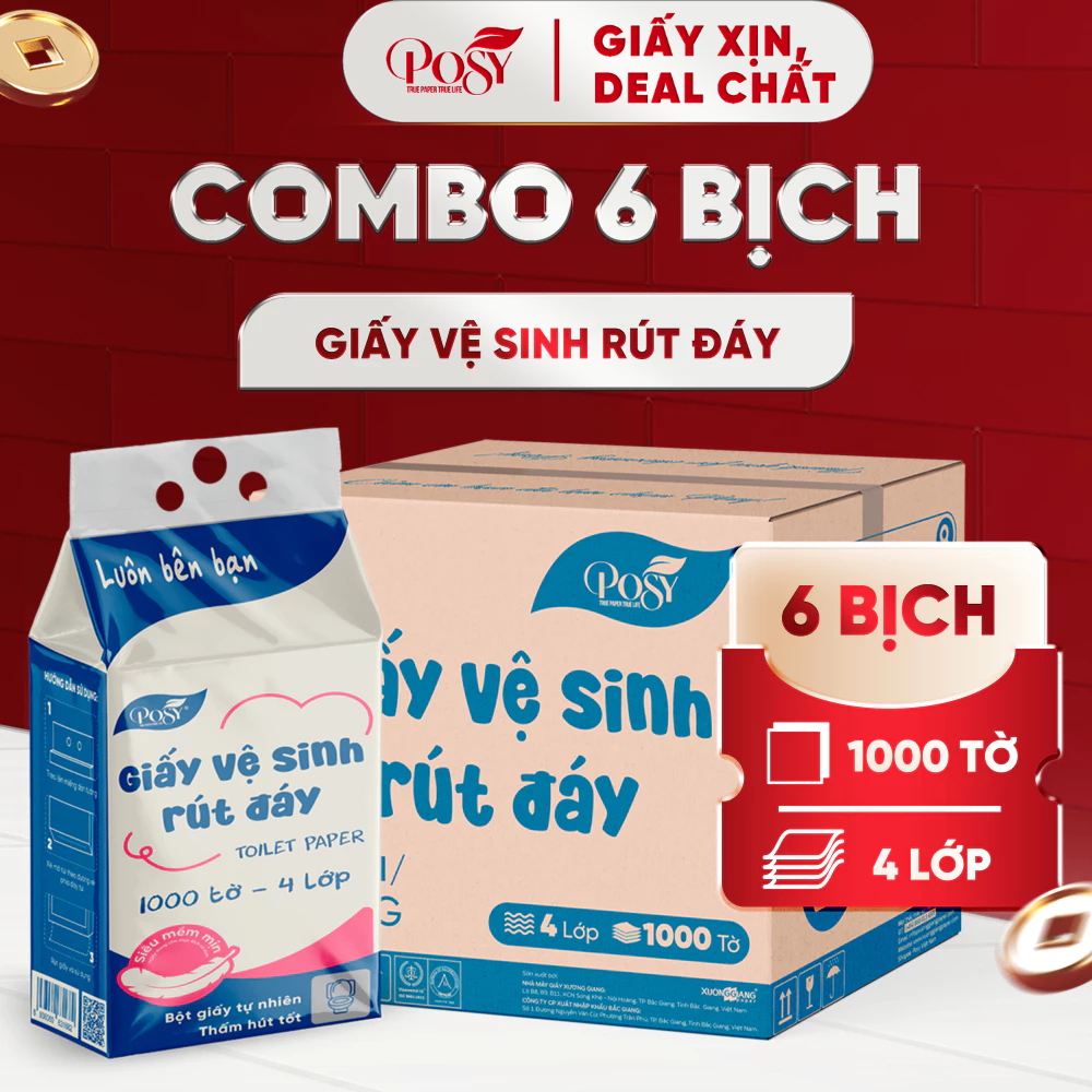 [POSY]  Thùng 6 bịch giấy vệ sinh rút đáy Posy 1000 tờ 4 lớp mềm dai , thấm hút và an toàn cho da