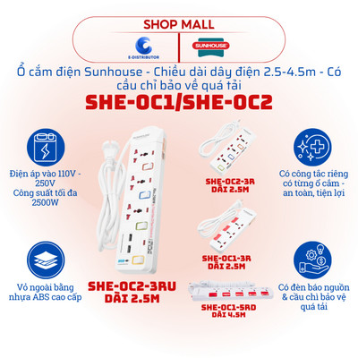 [HỎA TỐC] Ổ cắm điện Sunhouse SHE-OC1-5RD/SHE-OC1-3R/SHE-OC2-3R/SHE-OC2-3RU - Công suất 2500W