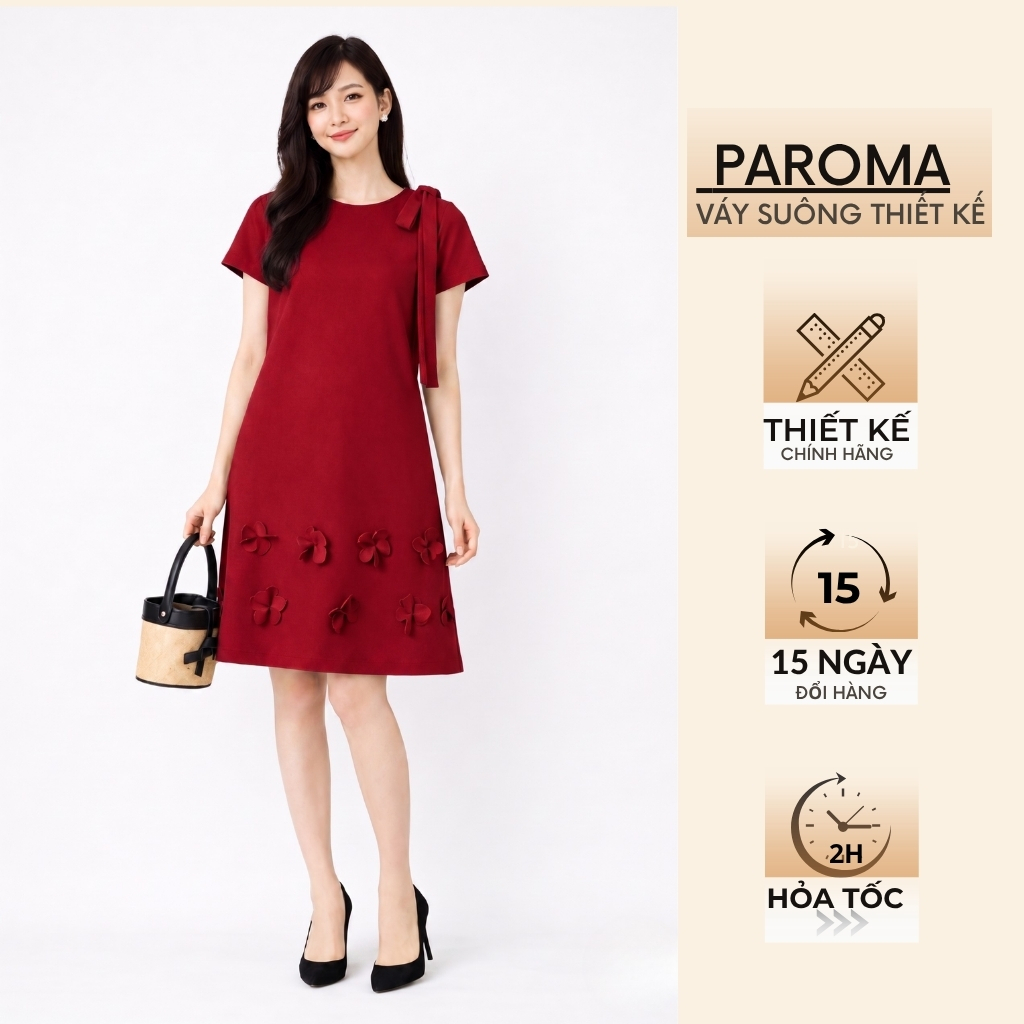 Váy Suông Đen PAROMA V029 - Đầm Thiết Kế Che Bụng Giấu Bắp Tay To, Vai Vuông Đính Hoa 3D Cao Cấp