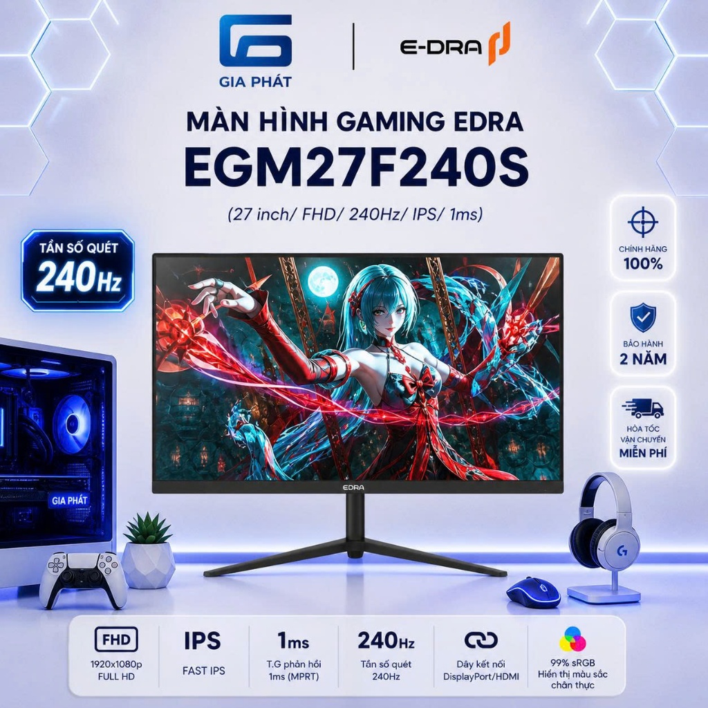 Màn hình gaming EDRA EGM27F240S |27 inch  Full HD | 240Hz |  IPS | 1ms - Hàng chính hãng Full Vat
