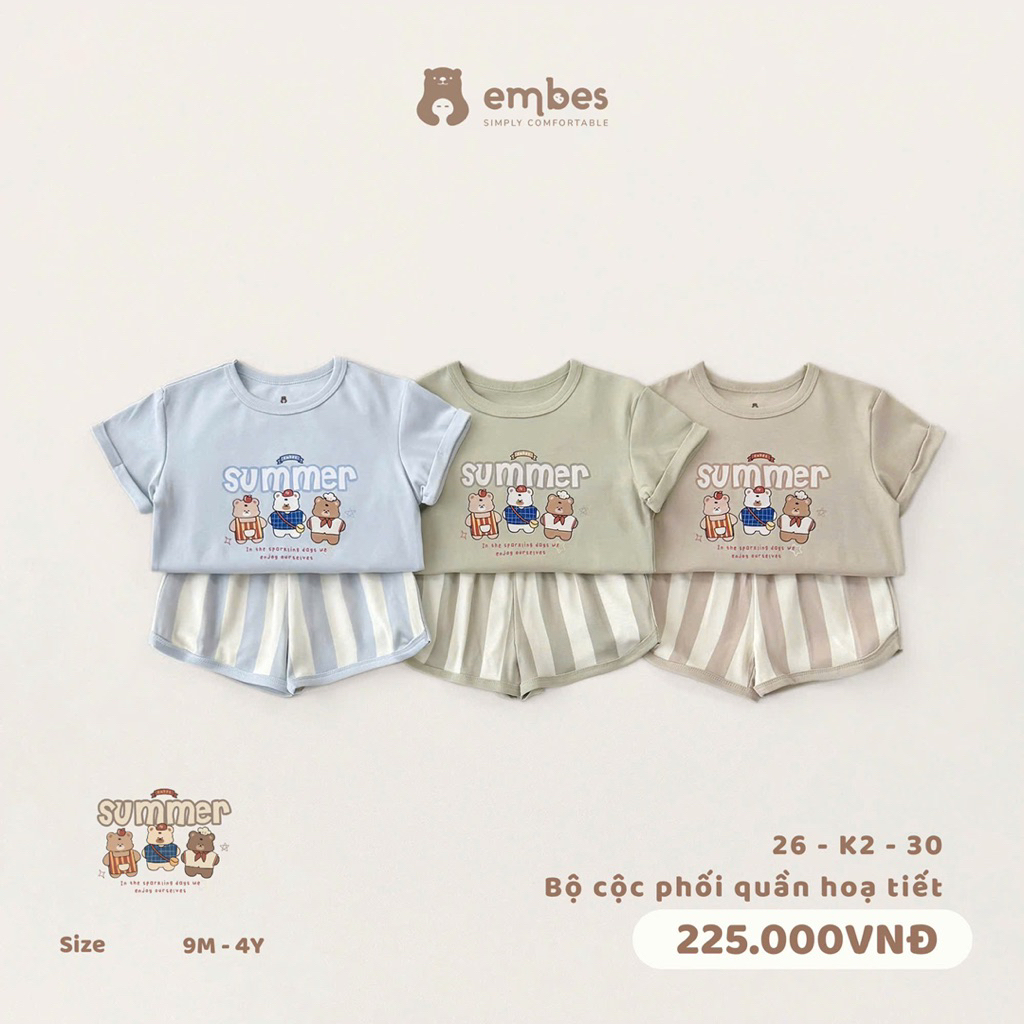 Bộ cộc phối quần hoạ tiết Embes Summer cho bé trai bé gái. Bộ cộc tay mùa hè cho bé BEO.Kids
