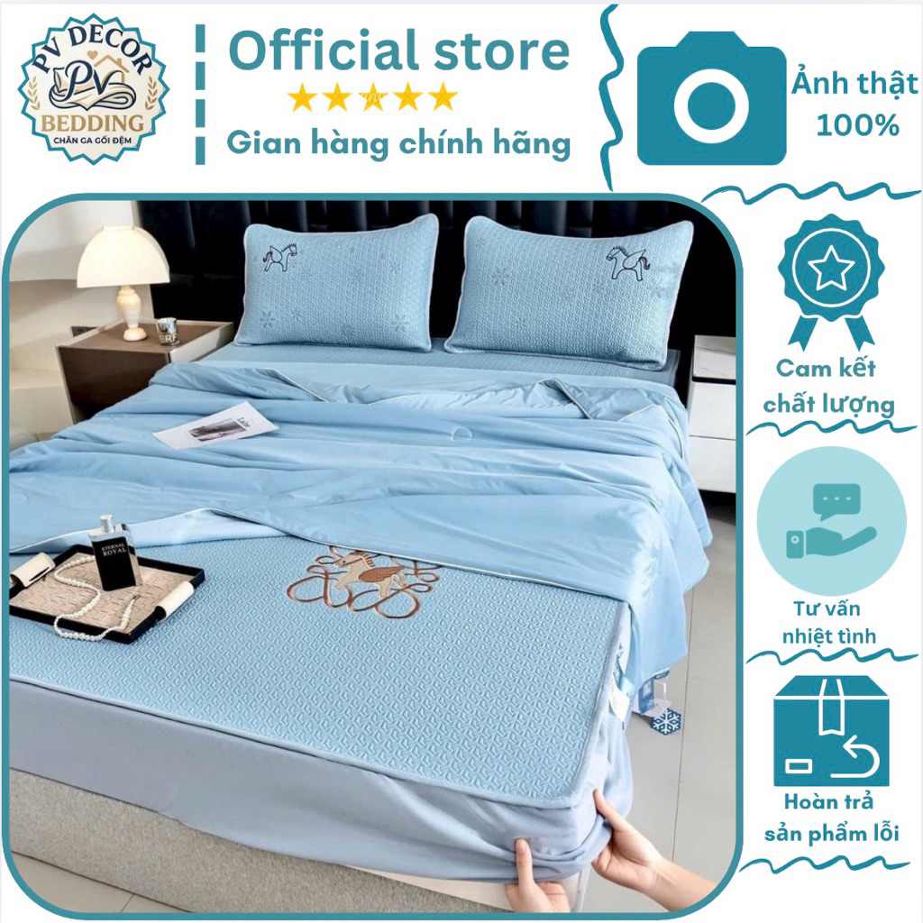 Set 5 món,chiếu điều hoà băng lụa lạnh Cold Elastic bọc chun cao cấp mềm mát, giặt được máy (nệm25-3