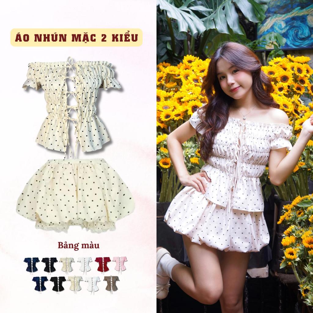 Áo Smocking SAIGONESE Hoạ Tiết Chấm Bi Nhún Bo Thun Cotton Trễ Vai Đan Dây Mặc 2 Kiểu Cho Nữ - A10SP | BigBuy360 - bigbuy360.vn
