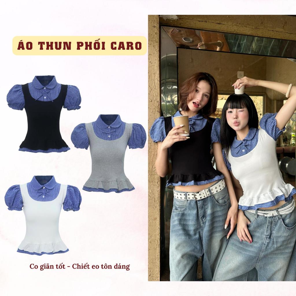 Áo Thun Phối Sơ Mi SAIGONESE Tay Phông Hoạ Tiết Caro Thun Cotton Form Chiết Eo Nữ - A05SP