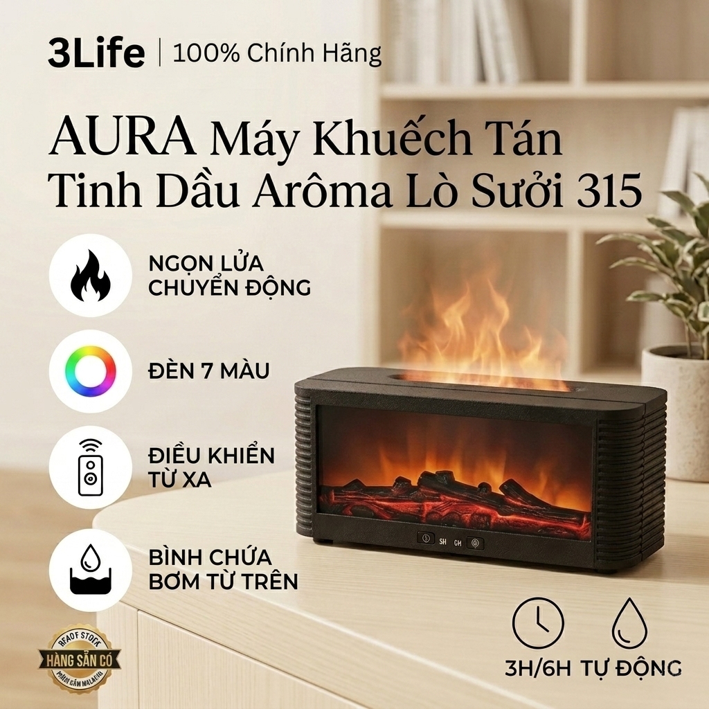 3Life Máy Khuếch Tán Tinh Dầu & Phun Sương Hiệu Ứng Lửa RGB Có Remote