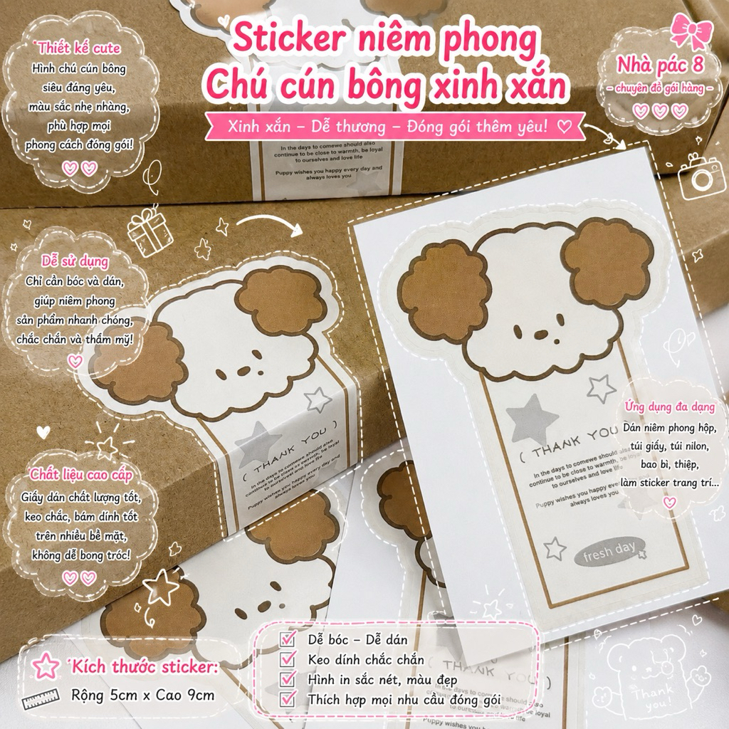 [SET 30 CÁI] TEM TAG NHÃN DÁN HÌNH GẤU NÂU CUTE SIZE 3.8x9.2CM