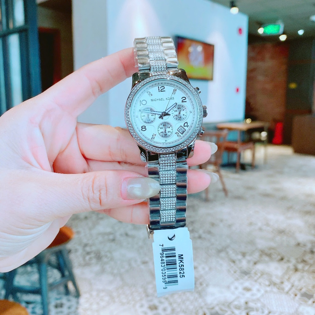 Đồng hồ nữ MICHAEL K0RS MK5825 Ladies Silver Runway Stone Set Watch size 39mm, Authentic, fullbox, L