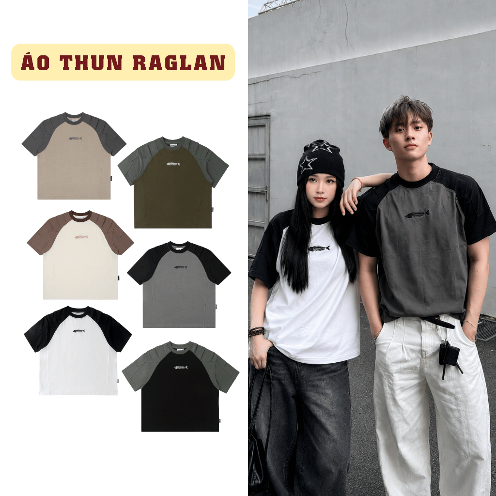 Áo Thun Boxy SAIGONESE Unisex Phối Tay Raglan Thêu Shark Form Rộng Thời Trang Nam Nữ - AT06SG