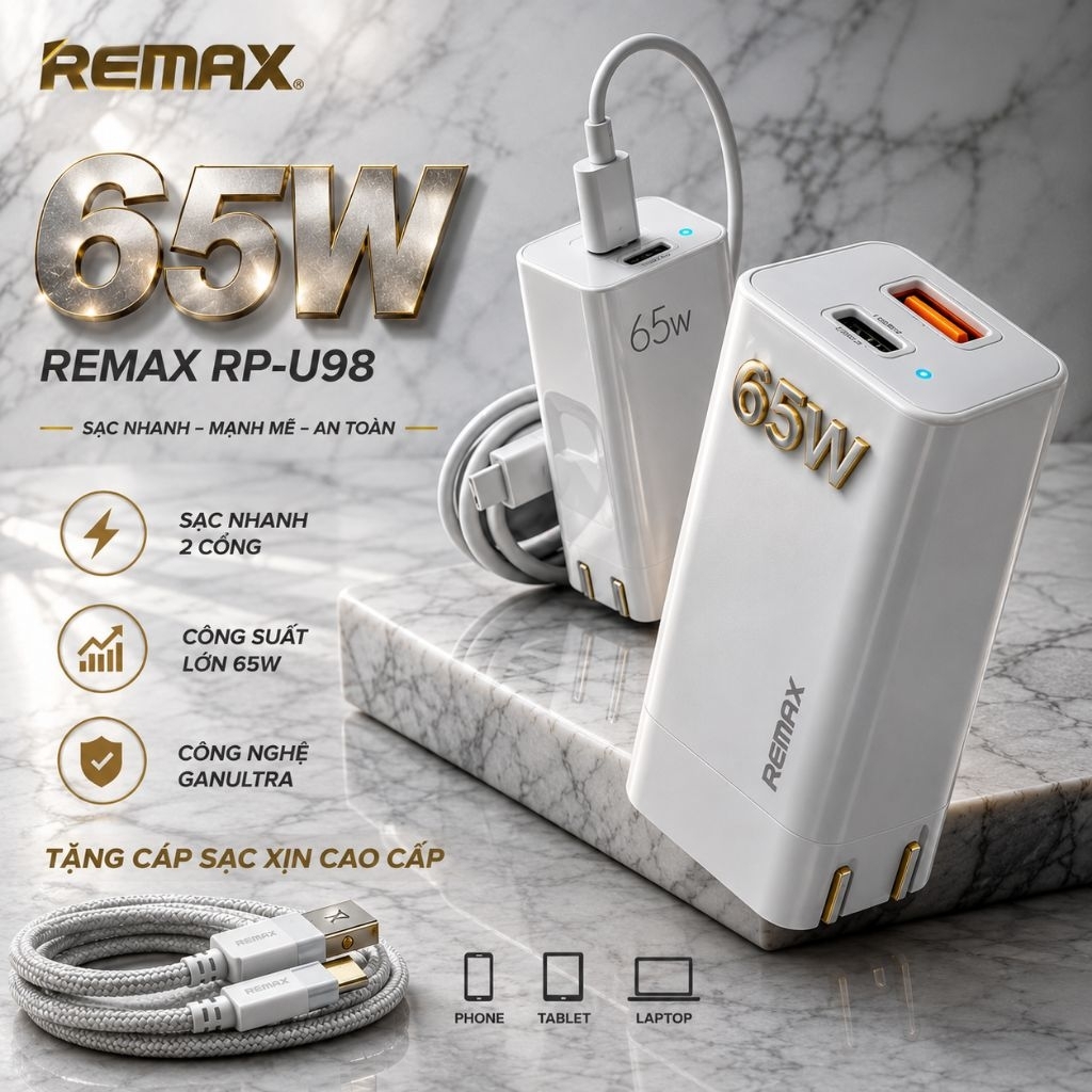 Củ sạc siêu nhanh 65W  Remax RP-U98 cổng USB-A và Type-C