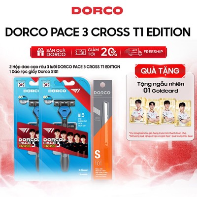 [Tặng-1-Gold-Card] Combo 2 Bộ Dao Cạo Râu Hàn Quốc 3 Lưỡi DORCO PACE 3 CROSS T1 Edition + Dao Rọc Giấy Auto-Lock S101