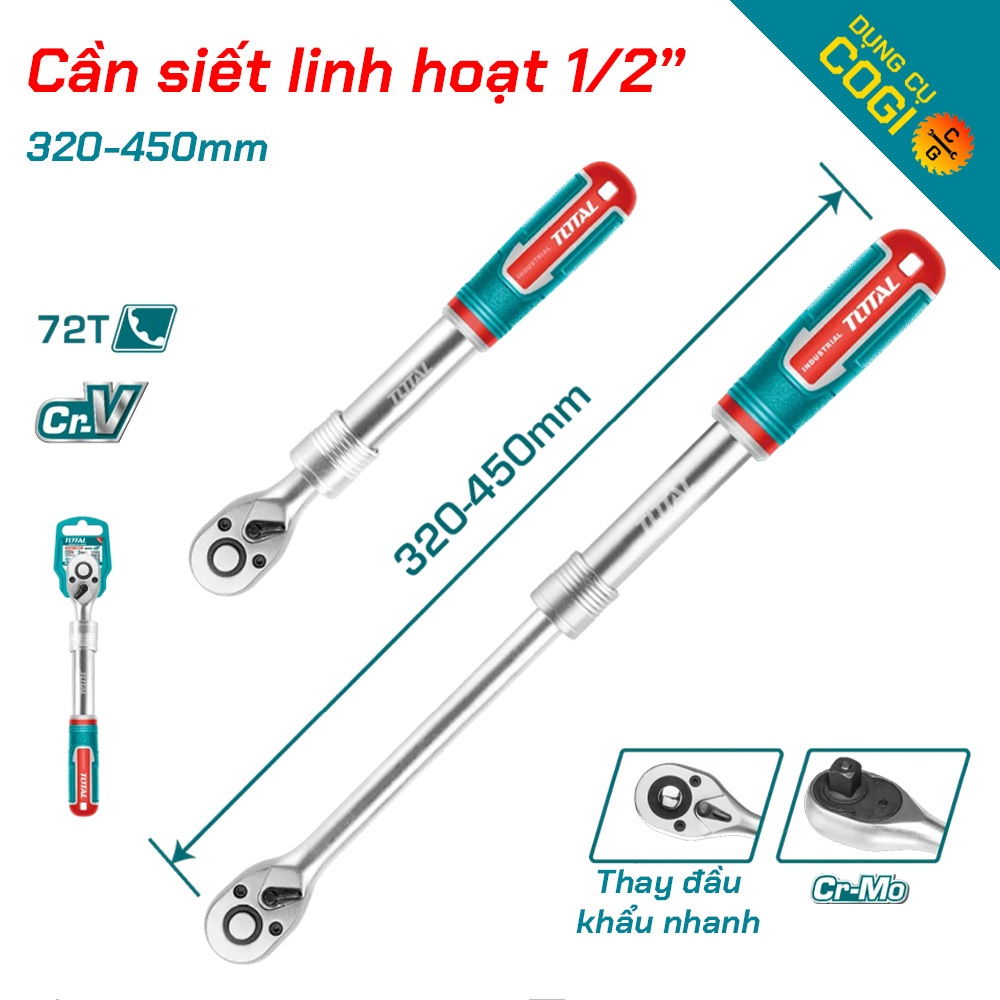 Cần siết tự động 1/2" linh hoạt của Total -  Điều chỉnh độ dài 320-450mm, thép Cr-V + CrMo siêu bền
