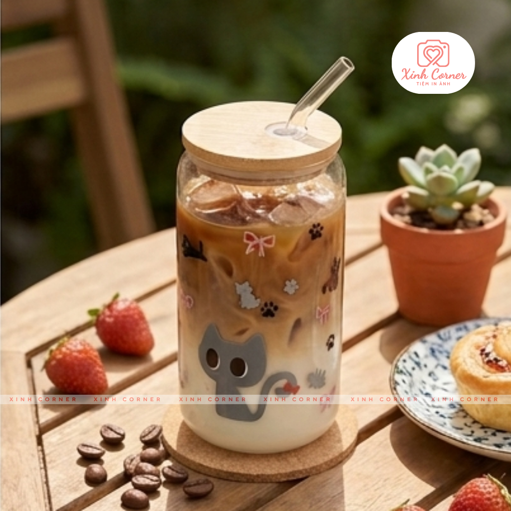 [TẶNG ỐNG HÚT CUTE] Ly thủy tinh có nắp 500ml, chịu nhiệt, thiết kế dễ thương - kèm ống hút, cọ rửa