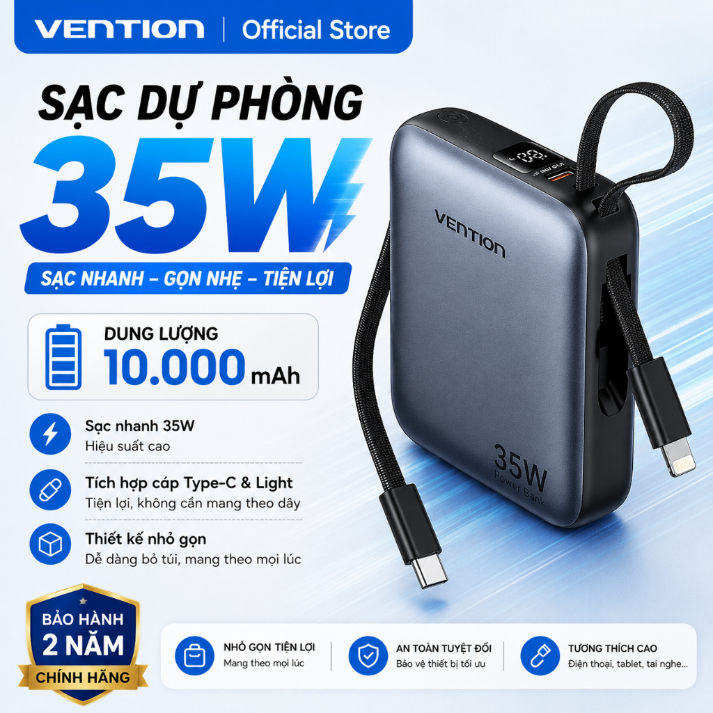 Pin Sạc Dự Phòng 10000mAh Vention 35W Hỗ Trợ PD Có Sẵn Dây USB-C & Light Thiết Kế Nhỏ Gọn Cho Phone 