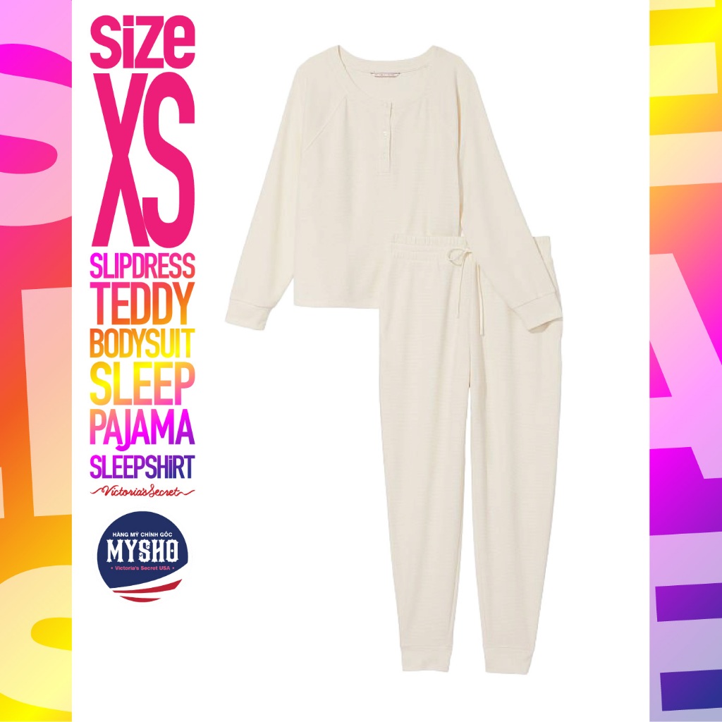[Size XS - 52] Bộ đồ ngủ Glow Waffle Henley Jogger Set, Coconut White