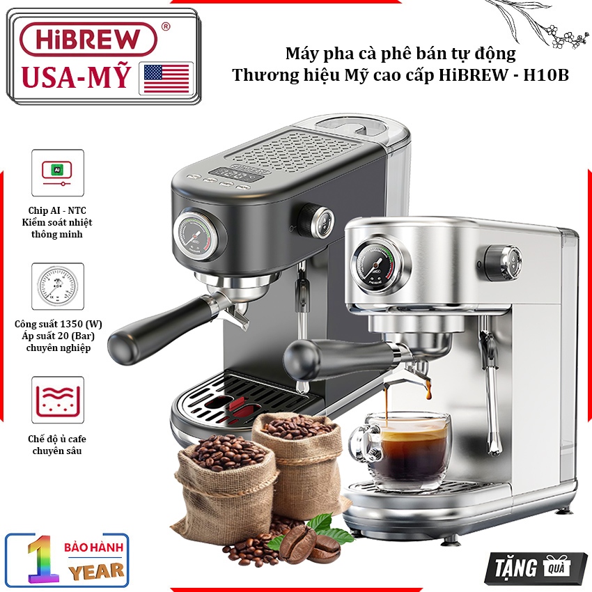 Máy Pha Cà Phê Espresso HiBREW H10B Bán Tự Động Thương Hiệu Mỹ, Pha Cappuccino - Latte (20 bar)