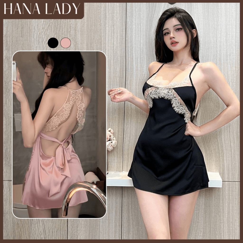 Váy Ngủ Lụa Cao Cấp, Đầm Ngủ Hai Dây Mặc Nhà Phối Ren Cột Dây Lưng HanaLady - VN509 | BigBuy360 - bigbuy360.vn