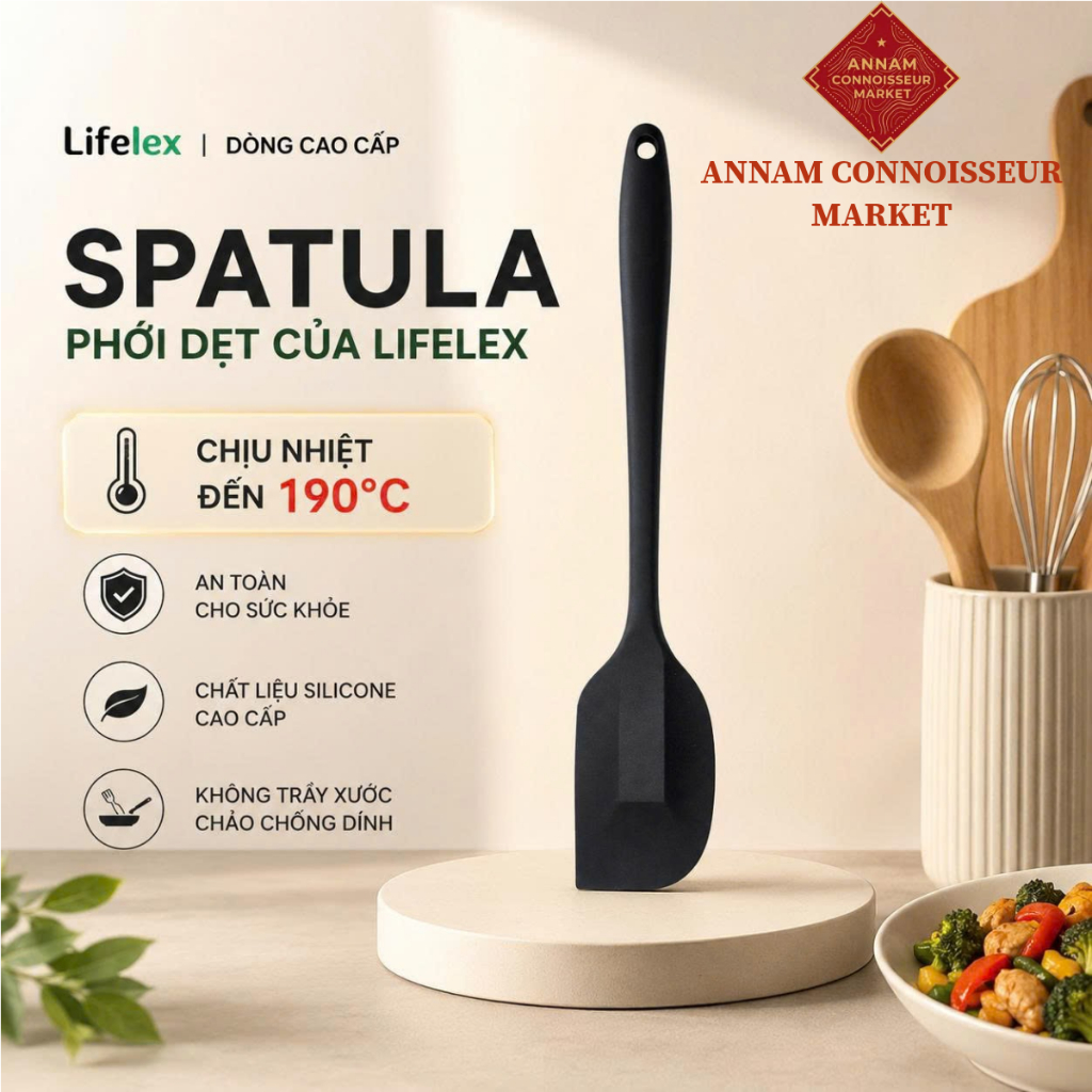 Phới dẹt/spatula silicone siêu nhẹ 27cm trộn bột, vét kem Lifelex lightweight chống dính, đa năng, c
