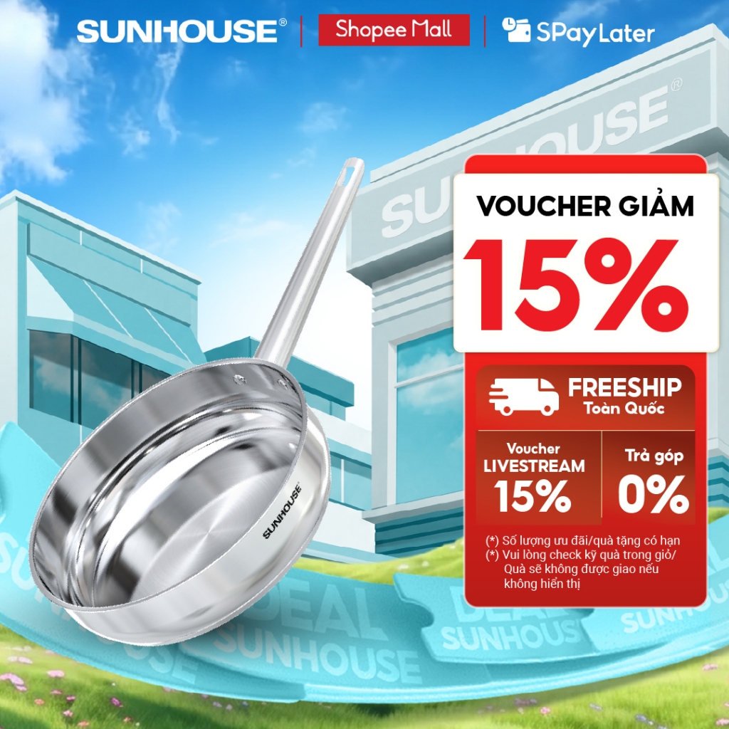 Chảo Inox 304 cao cấp Sunhouse Healthy IN16-20-24-26-28M9 - Phù hợp mọi loại bếp - Tay cầm Inox khôn