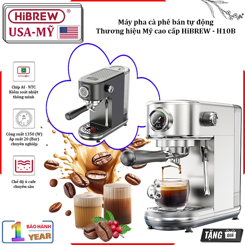 Máy pha cà phê bán tự động Espresso, Cappuccino, Latte. Thương hiệu Mỹ cao cấp HiBREW - H10B