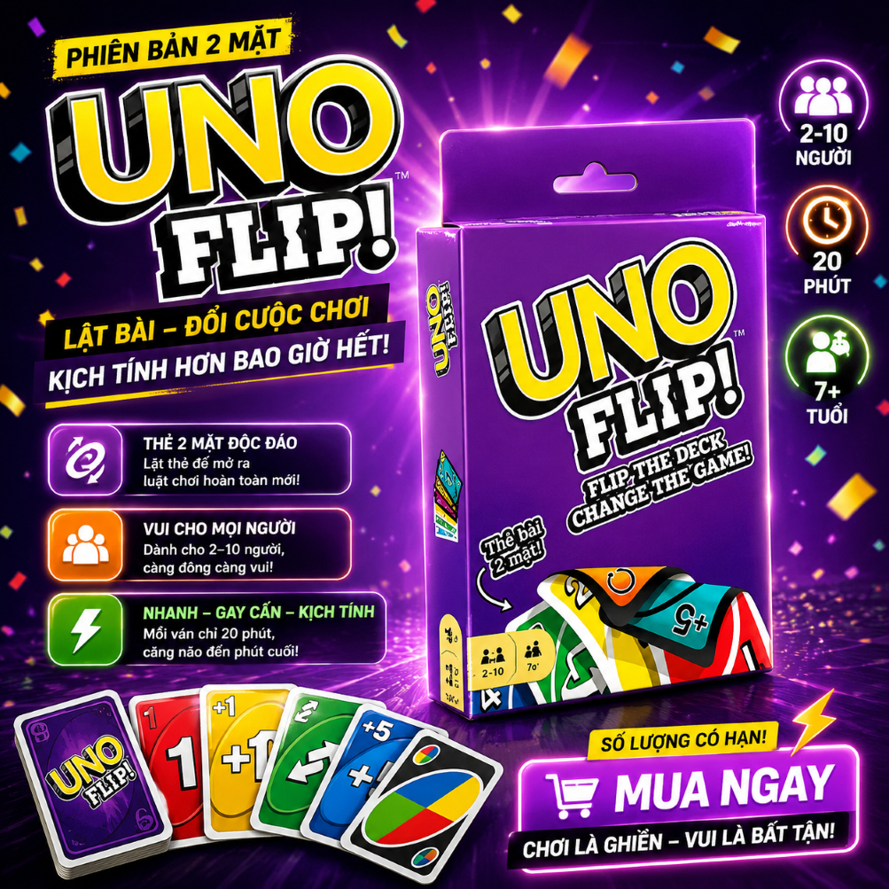 Bộ UNO Flip Tím UNO FLIP – Board Game 2 Mặt Cực Hot, Bài Giấy Cứng Cao Cấp, Chơi Nhóm Siêu Vui