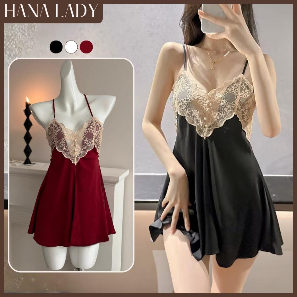 Váy Ngủ Lụa Phối Ren Hoa Nổi Cao Cấp - Đầm Ngủ Nữ Dáng Xòe Sang Trọng HanaLady - VN600