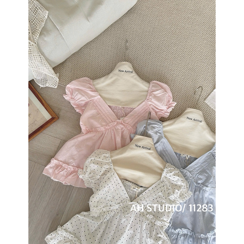 [Hàng Loại 1] Áo babydoll cổ V xếp ly tay ngắn bồng form xoè hoạ tiết chấm bi Rosy Top - A11283 | BigBuy360 - bigbuy360.vn
