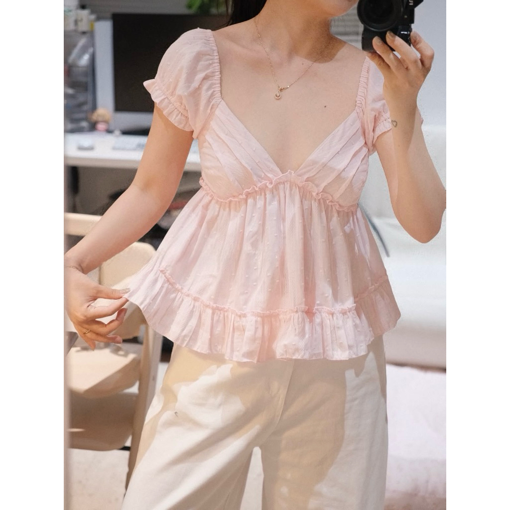[Hàng Loại 1] Áo babydoll cổ V xếp ly tay ngắn bồng form xoè hoạ tiết chấm bi Rosy Top - A11283 | BigBuy360 - bigbuy360.vn