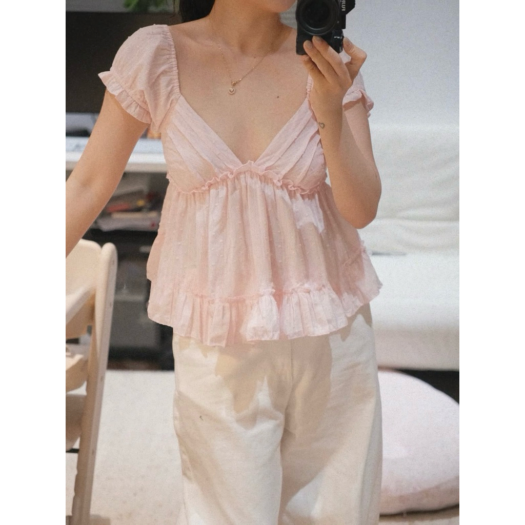 [Hàng Loại 1] Áo babydoll cổ V xếp ly tay ngắn bồng form xoè hoạ tiết chấm bi Rosy Top - A11283 | BigBuy360 - bigbuy360.vn