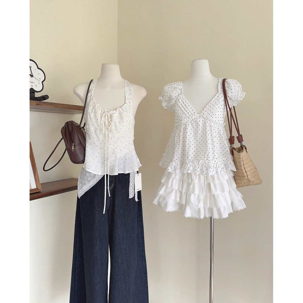 [Hàng Loại 1] Áo babydoll cổ V xếp ly tay ngắn bồng form xoè hoạ tiết chấm bi Rosy Top - A11283 | BigBuy360 - bigbuy360.vn