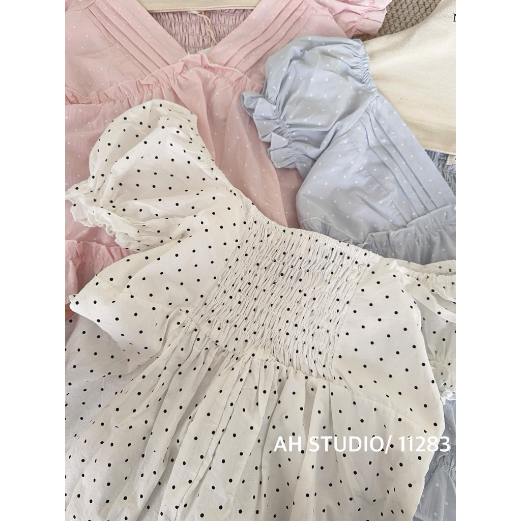 [Hàng Loại 1] Áo babydoll cổ V xếp ly tay ngắn bồng form xoè hoạ tiết chấm bi Rosy Top - A11283 | BigBuy360 - bigbuy360.vn