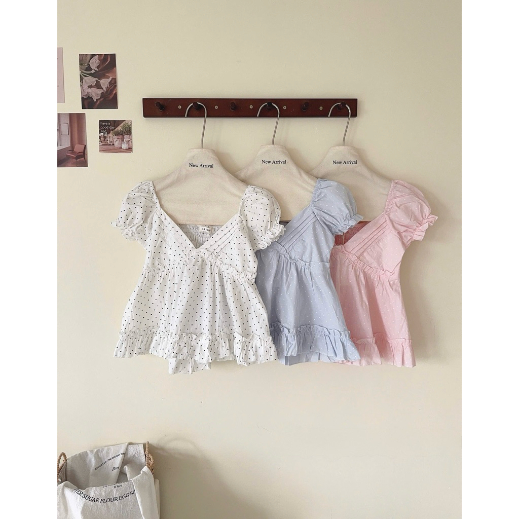 [Hàng Loại 1] Áo babydoll cổ V xếp ly tay ngắn bồng form xoè hoạ tiết chấm bi Rosy Top - A11283 | BigBuy360 - bigbuy360.vn