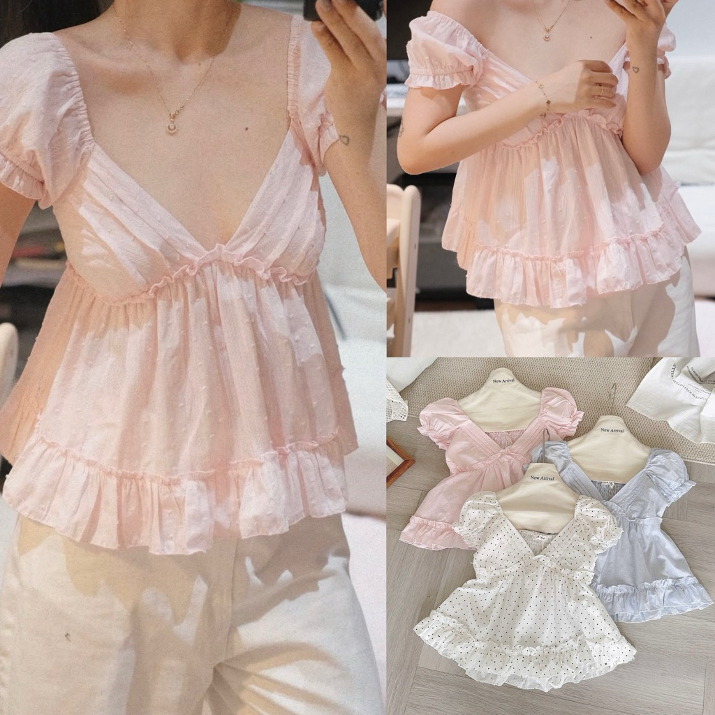 [Hàng Loại 1] Áo babydoll cổ V xếp ly tay ngắn bồng form xoè hoạ tiết chấm bi Rosy Top - A11283 | BigBuy360 - bigbuy360.vn